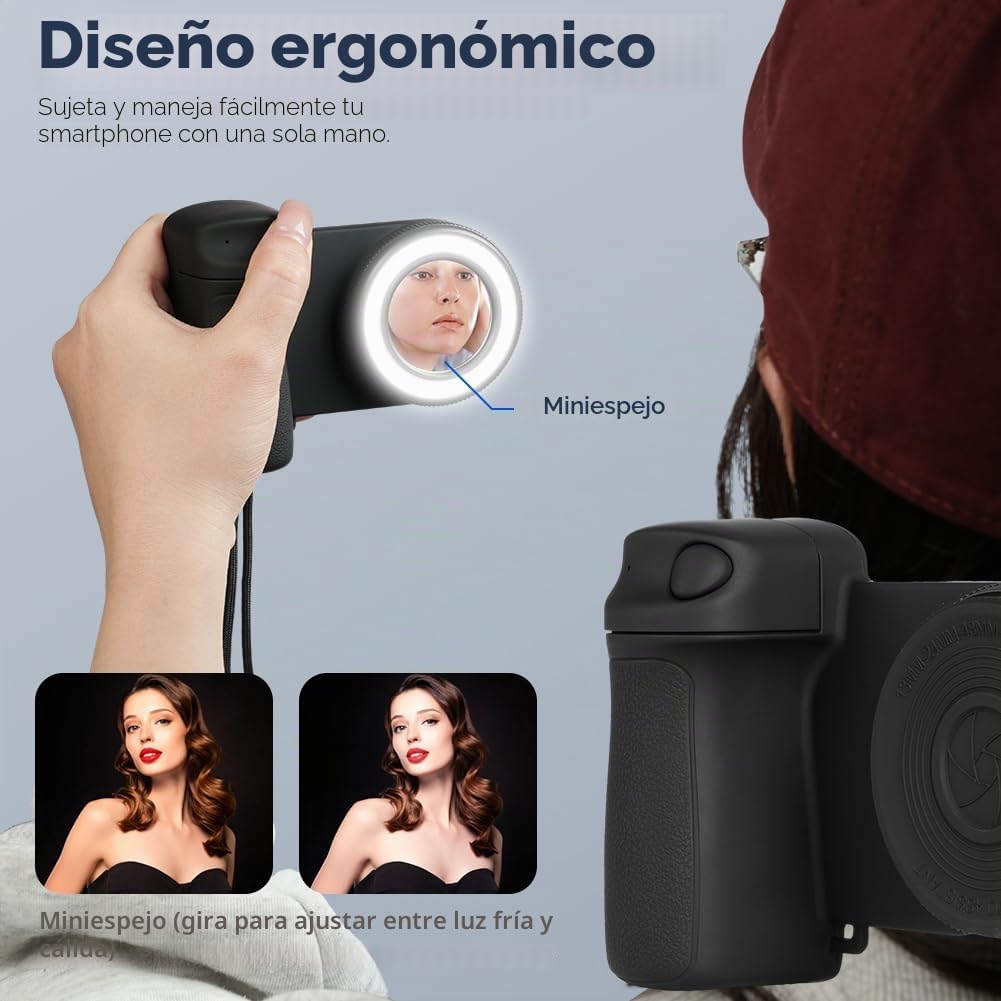 HOTUT Estabilizador de Smartphone Camera Grip, Agarre Magnético para Smartphone con Control Remoto Bluetooth Desmontable, Luz, Espejo, Dos Anillos Metálicos y Trípode para Vlog, Selfie, iPhone 16 15