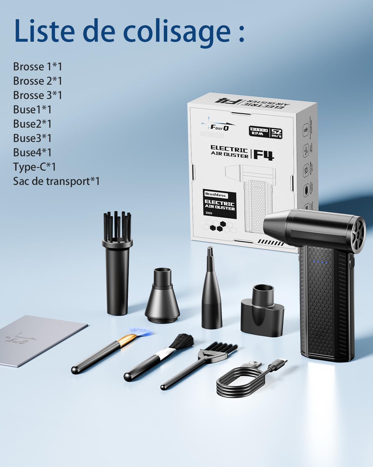 FOURQ Souffleur Air Comprimé avec,130000 TR/Min Souffleur avec Batterie 4000mAh,4 Vitesses Mini Souffleur Sans fil Puissant avec Brosses de Nettoyage PC pour Voiture, Maison, Clavier (noir)