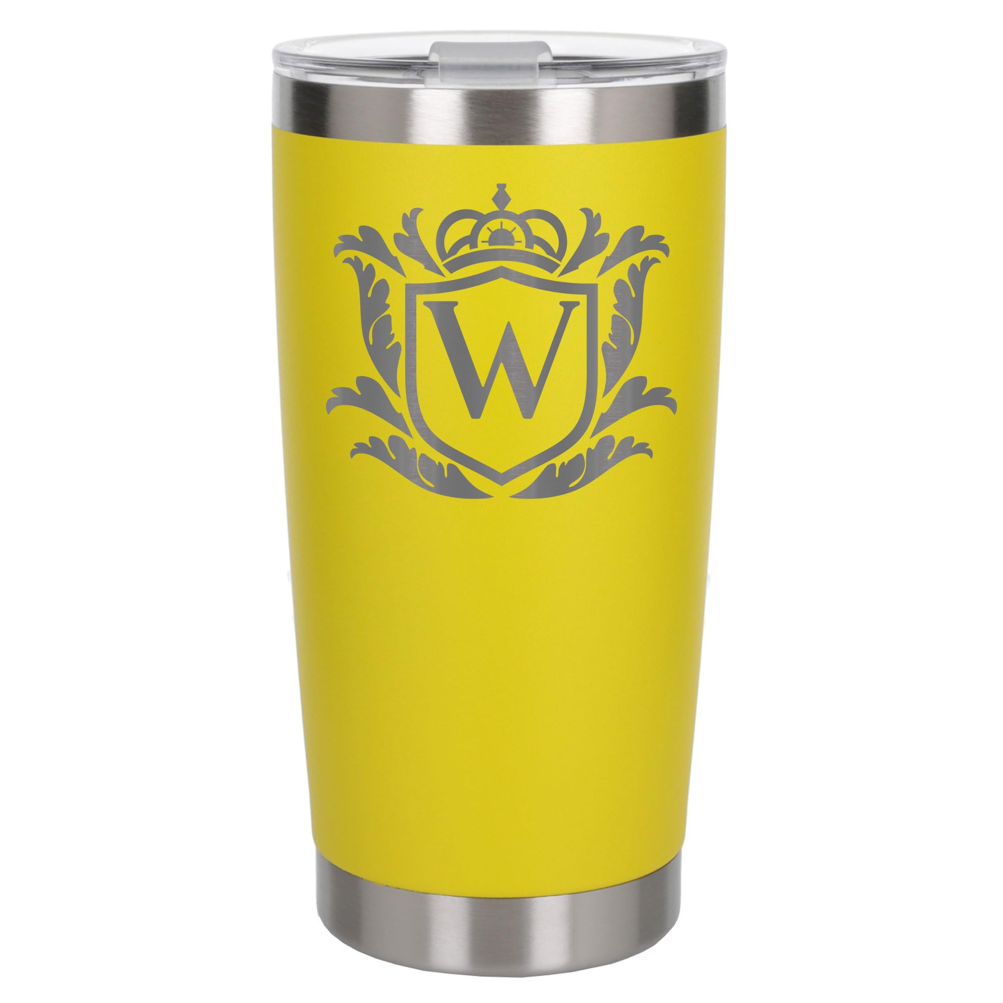 Customised Gifts 500ml Engraved Shield Initial Monogram Insulated Personalised Yellow Travel Mug for Men and Women - Personalised Initial Coffee Travel Mug for Hot and Cold Beverages, Letter W