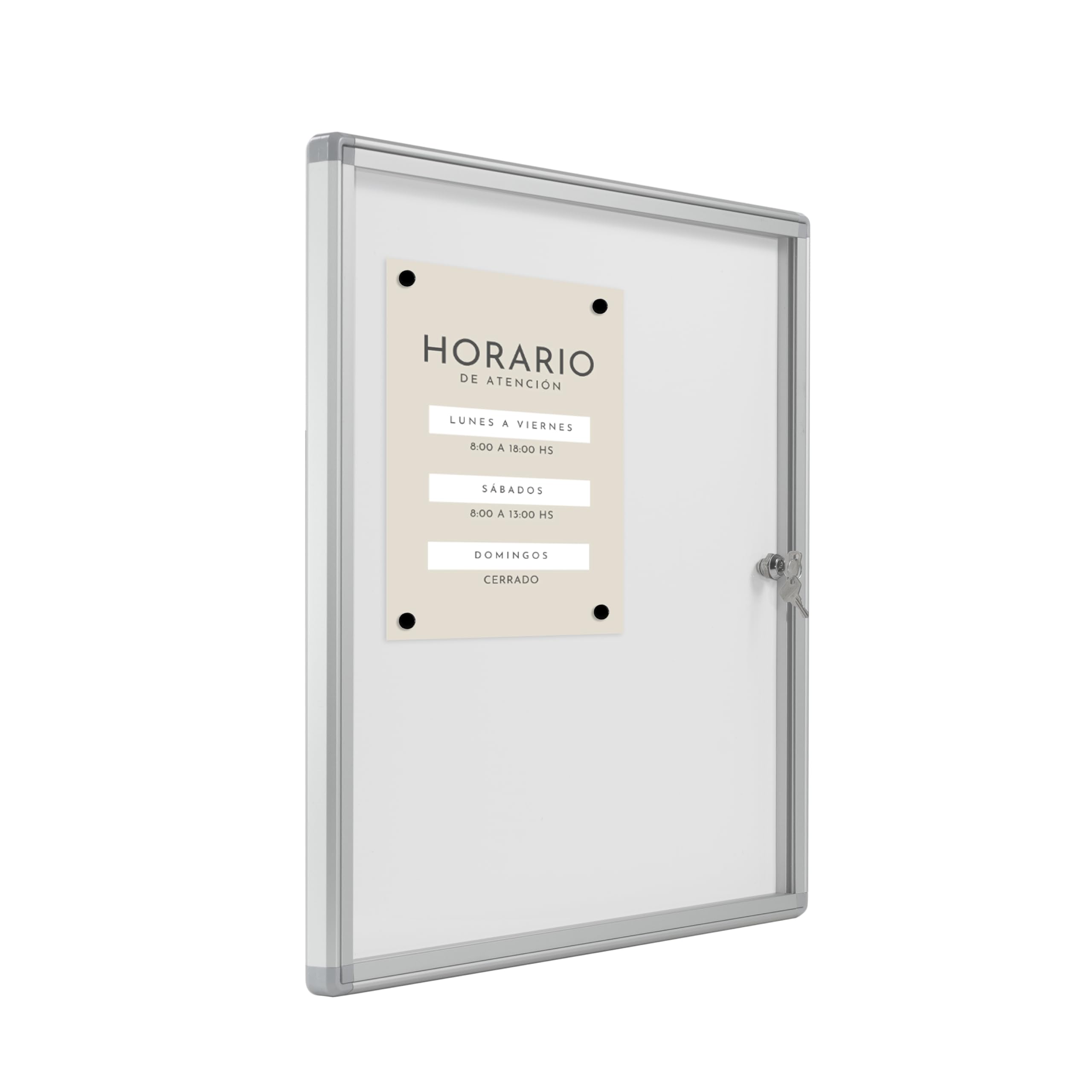 Tablon de Anuncios con Llave 50x70cm | Capacidad para 4 hojas A4 | Tablón Anuncios Exterior o Interior | Aluminio y Policarbonato Resistente | Fondo Metálico Apta para Imánes