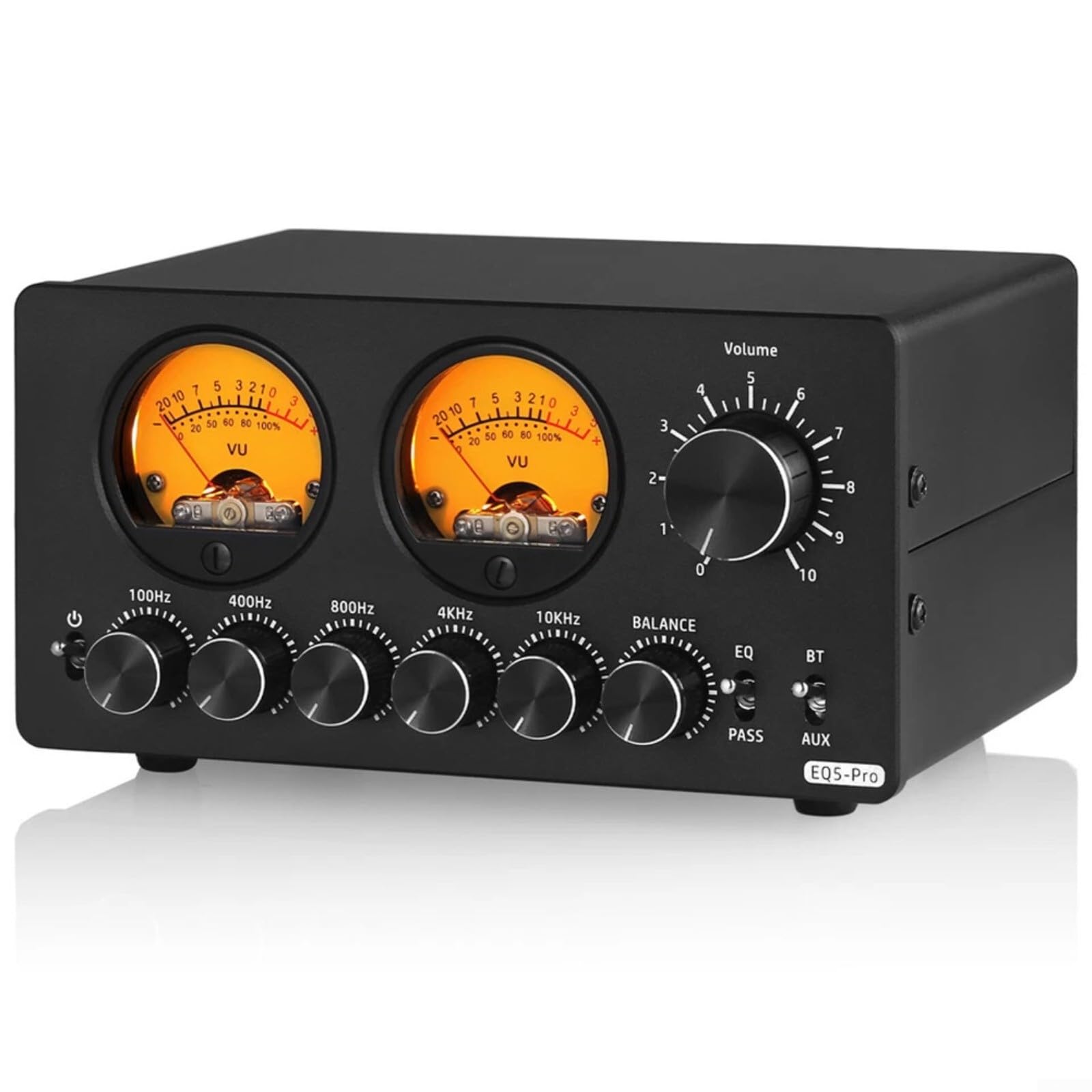 EQ5-PRO Ecualizador de audio de 5 bandas con BT 5.0, medidor VU, control de equilibrio, modo de derivación para sistema estéreo de alta fidelidad, fácil y rápido de usar