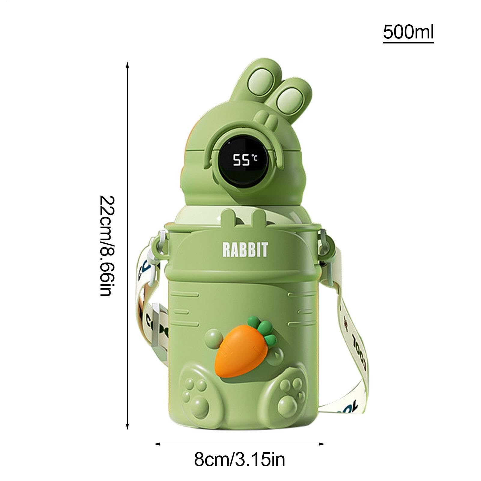 Borraccia con cannuccia, 500 ml, in acciaio , isolata, leggera | con display digitale della temperatura, a prova di perdite, per sport, con cinturino, per viaggi e scuola