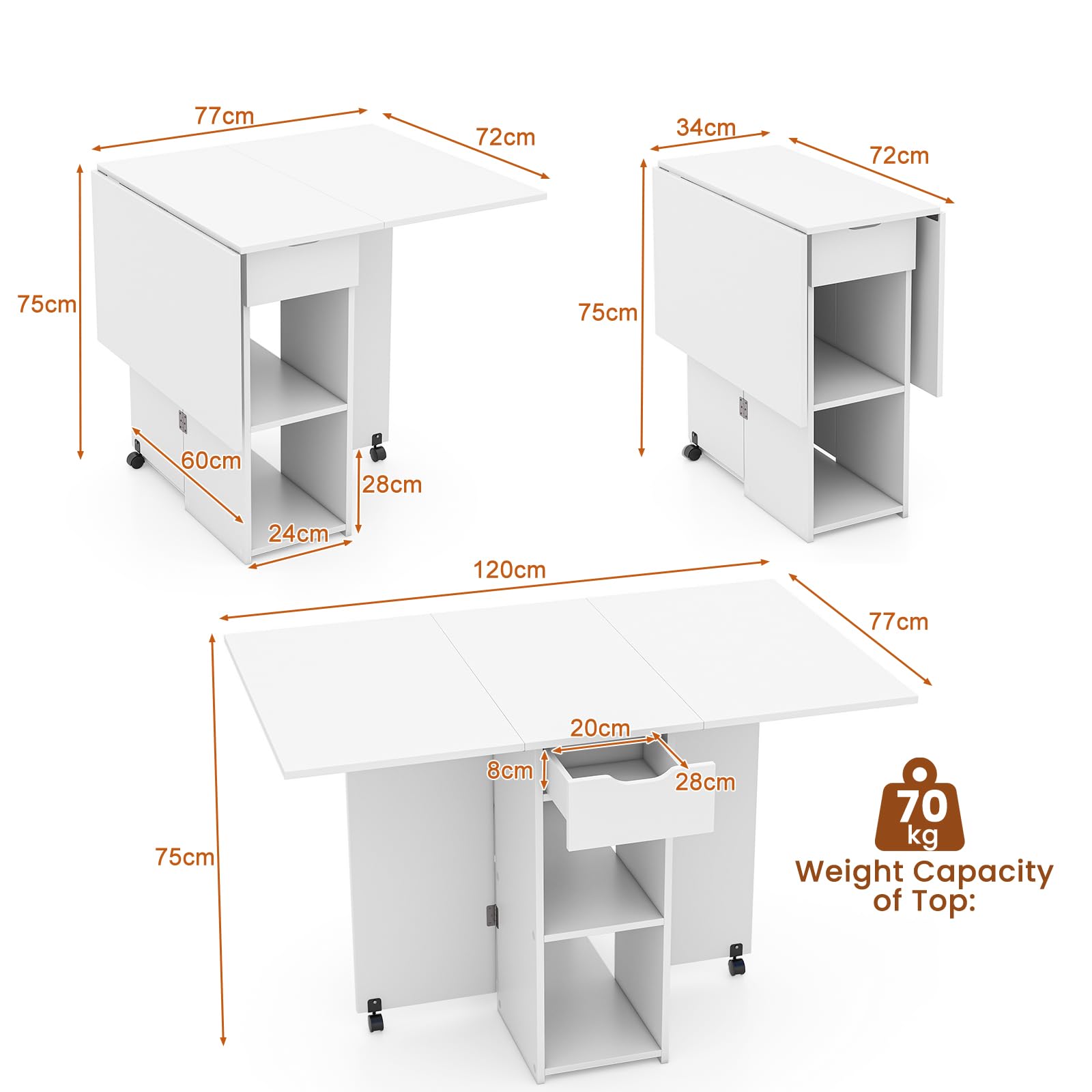 LIFEZEAL 3 In 1 Esstisch Mit Rollen, Klappbarer Küchentisch Holz 120 X 77 Cm Ausziehbar Esszimmertisch F R 4 6 Personen Bartisch F R Esszimmer Wohnzimmer Max 95 Kg Wei