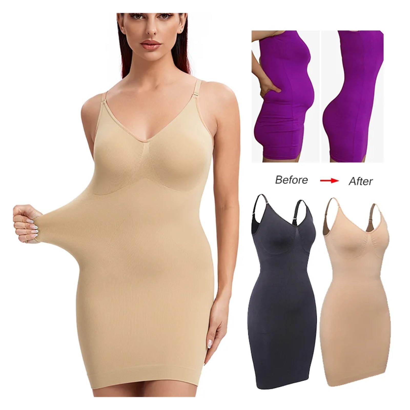 Vestido Moldeador Faja Moldeadora de Cuerpo Completo for Mujer, con Cuello en V, Moldeadora de Cintura, corsé con Control de Abdomen for Debajo de los Vestidos.(Khaki,M)