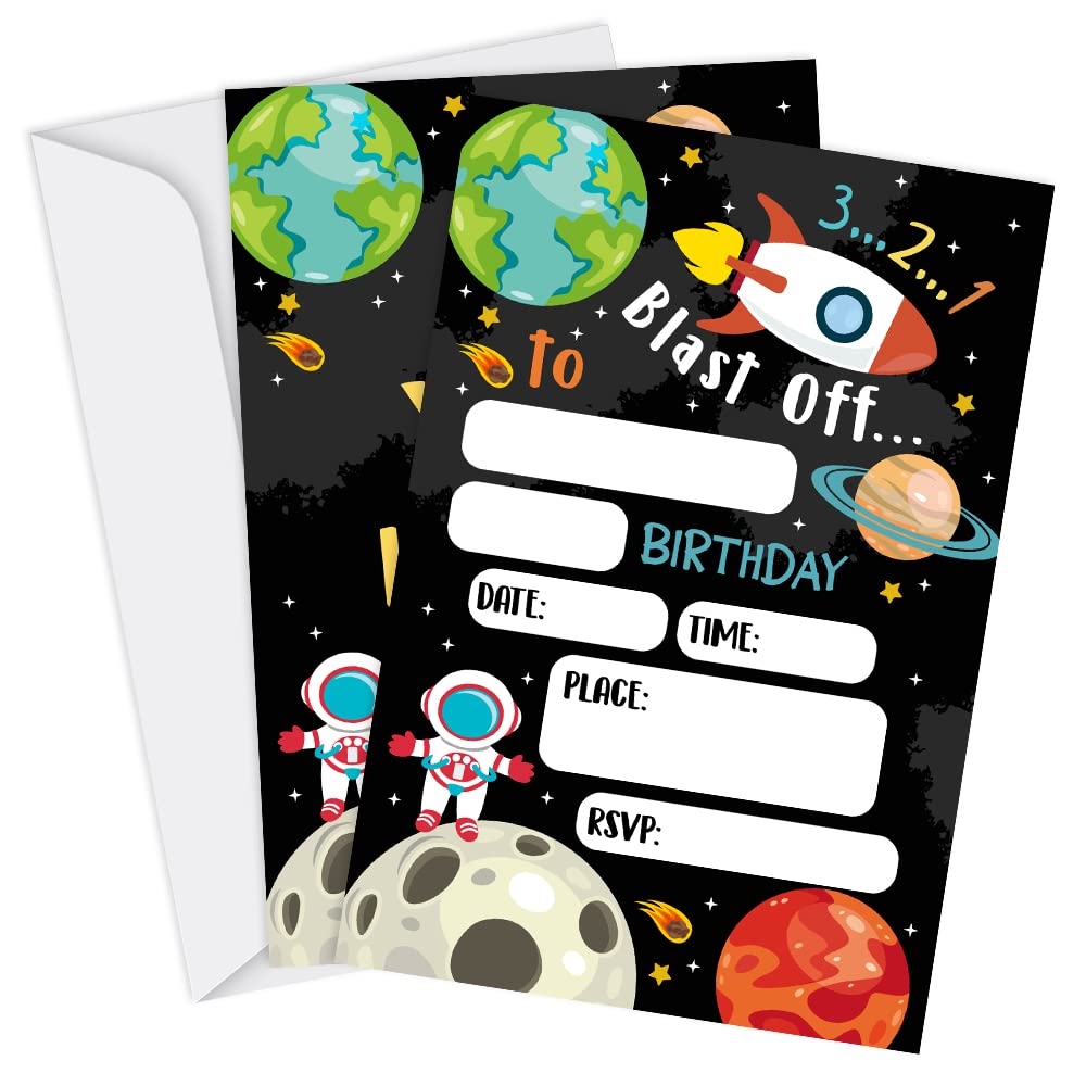 Tuyashua Space Birthday Party Invitations, Planets Rocket Ship Astronaut Invitations, Space Party Supplies for Boys Girls, Birthday Party Decorations, 20 Cards with Envelopes - I18
