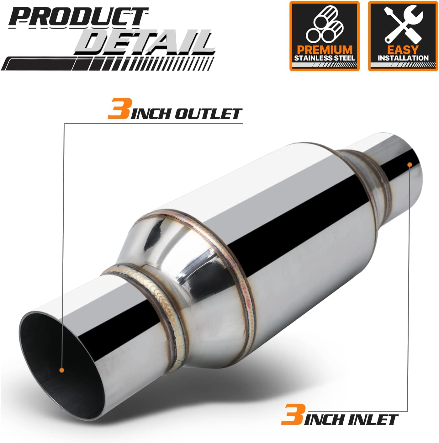 M-AUTO 3" Inlet and Outlet Universal Muffler, Heavy Duty Stainless Steel Exhaust Muffler Assembly, 12" Overall Length, Chrome