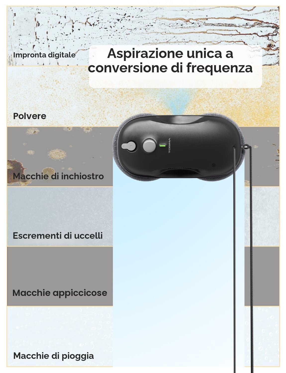 Tosima W3 Robot Lavavetri Finestre, Lavavetri Elettrico con Spruzzo Bidirezionale, Aspirazione Intelligente 3800PA, Triplo Sistema Sicurezza e Telecomando, per Vetri e Superfici Lisce, con 12 Panni