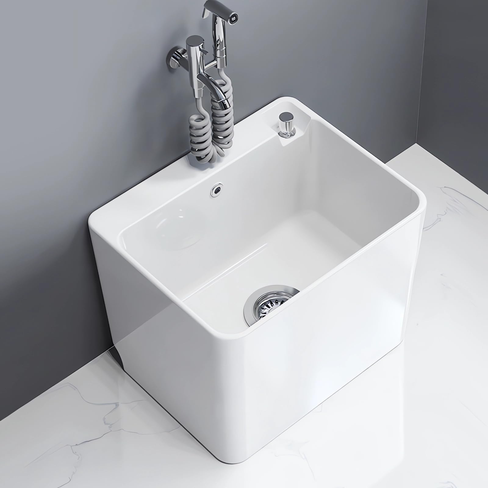 OYDAS Mop Sink, Ceramic Mop Service Basin with Removable Shelf,Drain Botton and Faucet, Floor Utility Sink Tub Kit for Bathroom,Balcony,Laundry Room