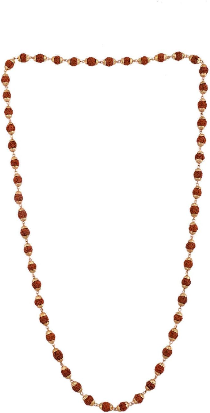 Shree Shyam Gems And Jewellery 36 Beads 9mm Gold Pleated 5 Mukhi Rudraksha Cap Mala Chain for Men Women Neck Wearing