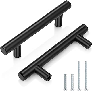 Probrico Flat Black Kitchen Cabinet Handles, Modern Euro Round T Bar Handle Drawer Pulls, 3 Inch (76mm) Hole Centers, Stainless Steel Cupboard Handles, 5 Pack