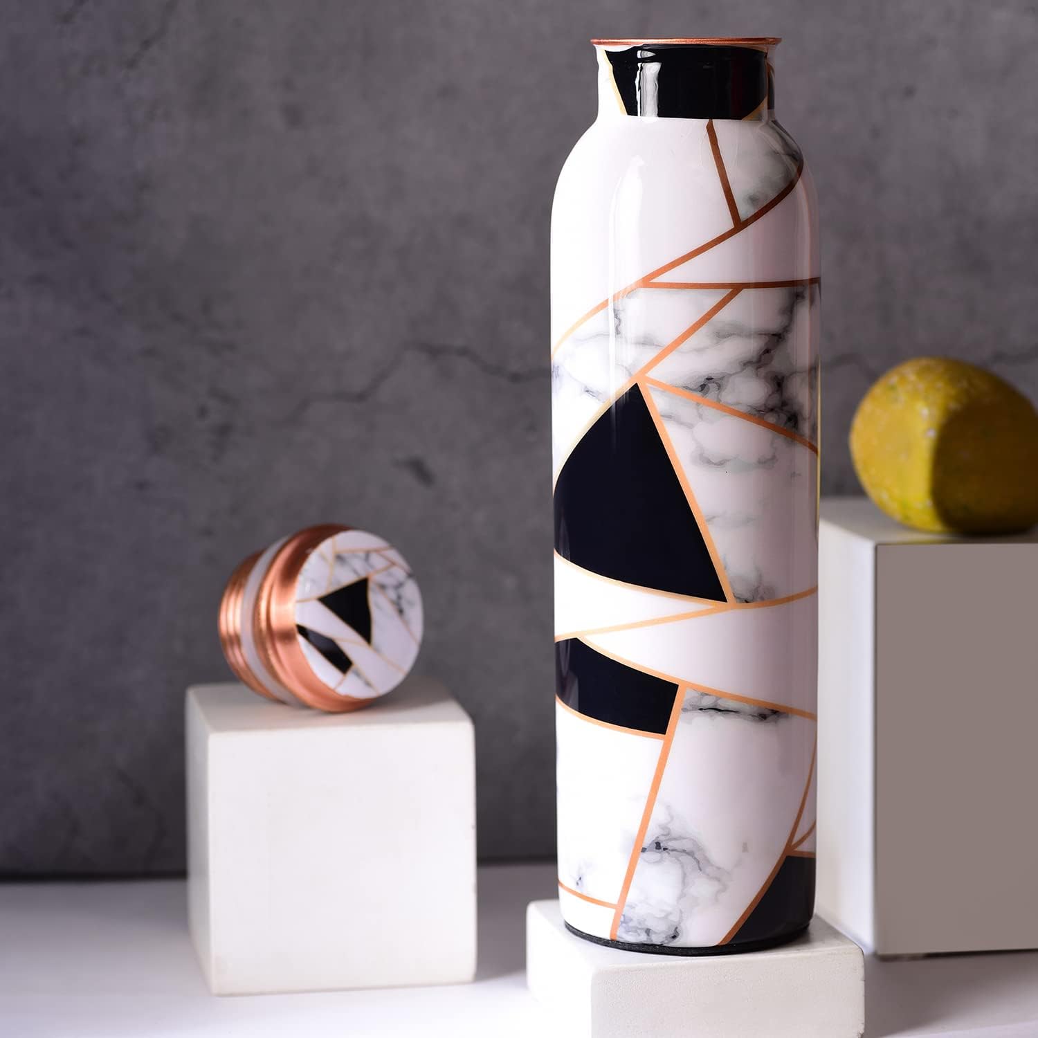 Tuwel Triangle White Copper Water Bottle 1 litre - Printed Copper Bottle Design With Advanced Leak Proof Protection - Copper With Ayurveda and Yoga Benefits (99% Pure Copper - Lab Tested); 1l