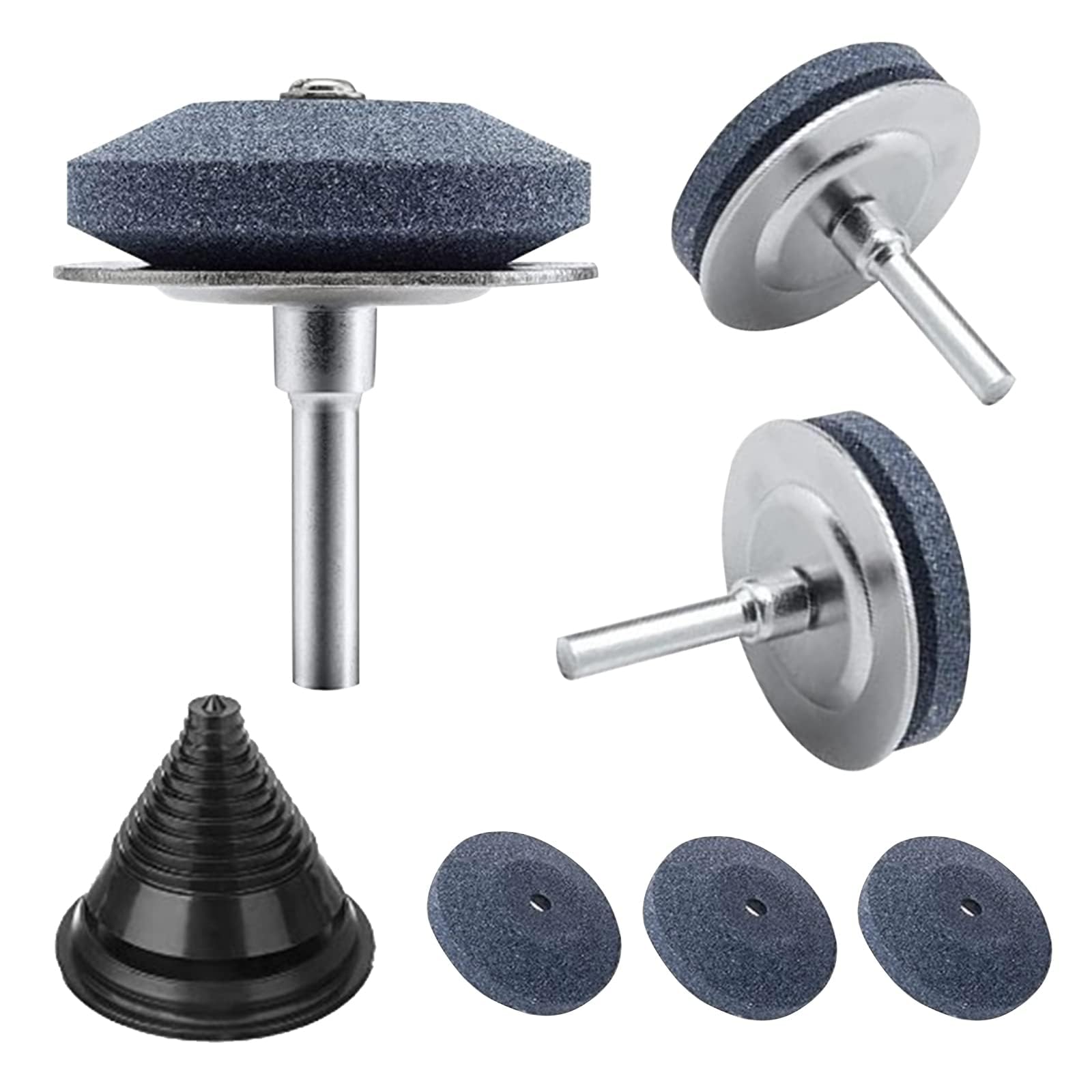 LIN KANG 7 Packs Lawn Mower Blade Sharpener, Universal Multi-Sharp Rotary Lawnmower Sharpen Kit for Power Drill Hand Drill, Includes Blade Balancer