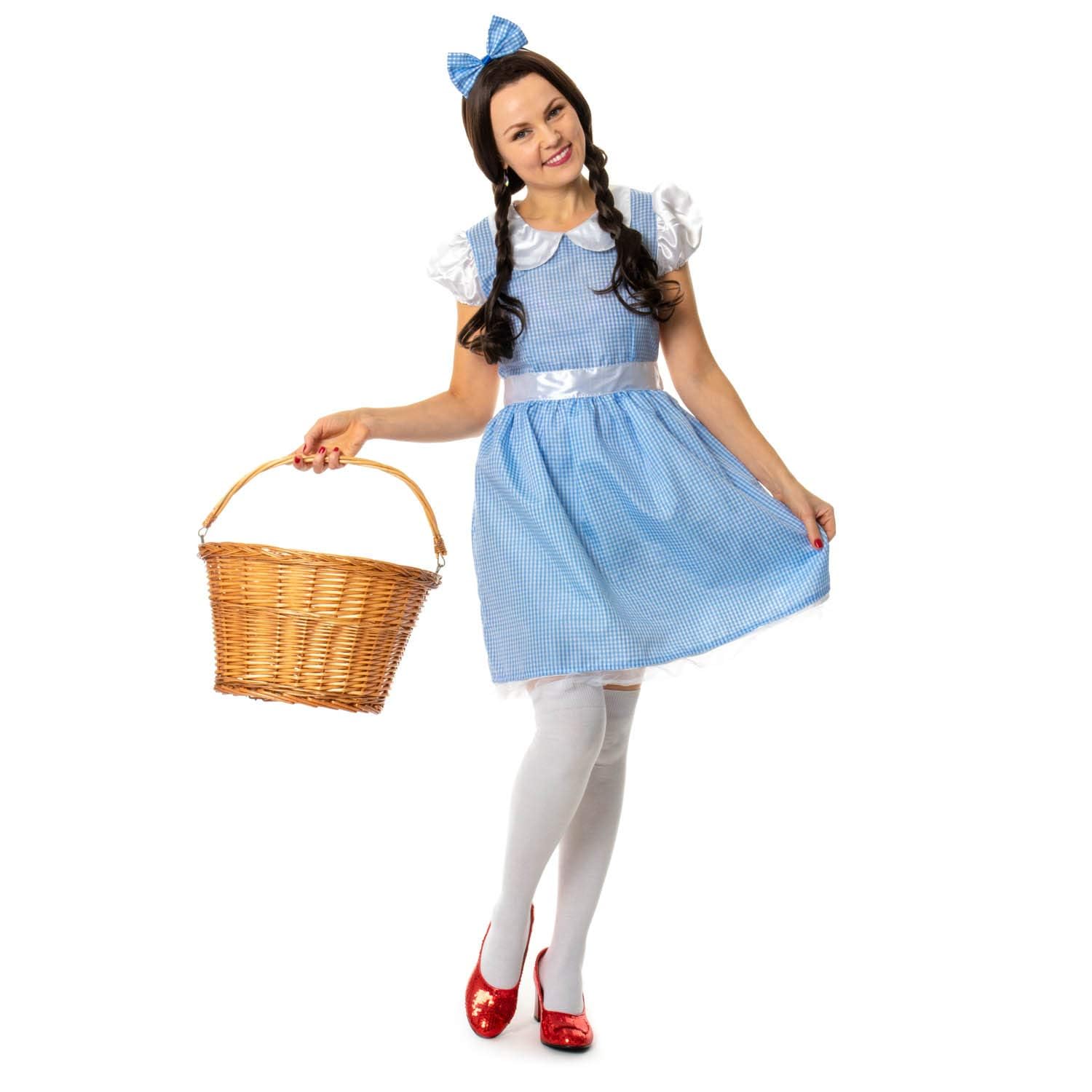 Women's Storybook Fancy Dress Costume – Blue Gingham Dress with Hair Ties | Classic Kansas Girl Outfit for Halloween Parties & World Book Day