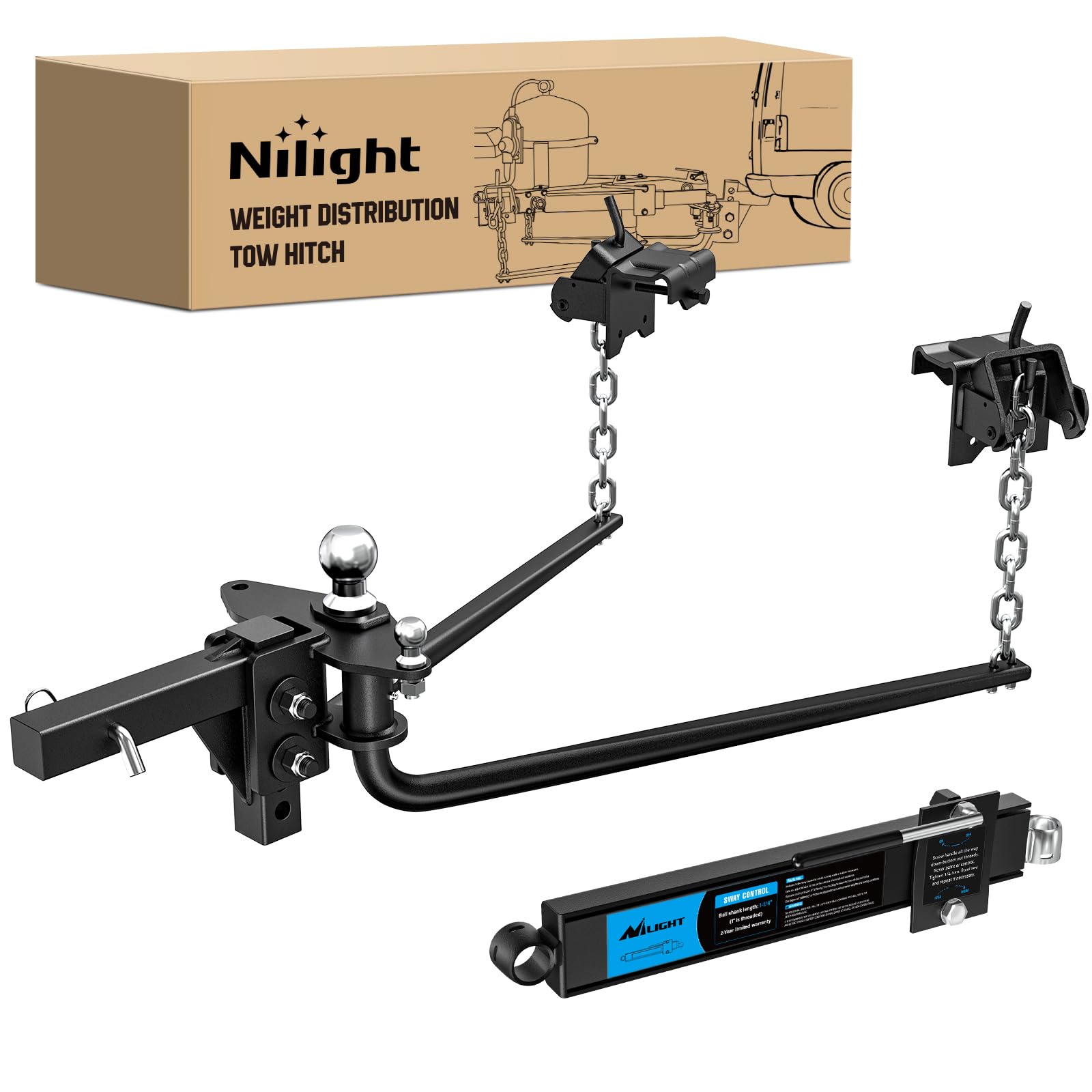 Nilight 1200 lbs Round Bar Weight Distributing Hitch Kit with Sway Control | with Interchangeable Spring Bars 2-in Solid Steel Shank, 2-5/16 in Alloy Steel Ball