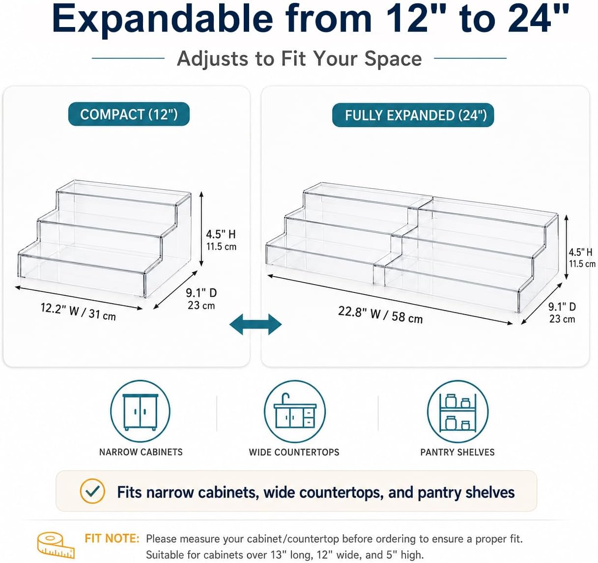 Expandable Can Rack Organizer for Pantry:3-Tier Clear Acrylic Canned Food Storage Holder, Adjustable Pantry Shelf for Kitchen Cabinet & Countertop, Holds Up to 24 Cans