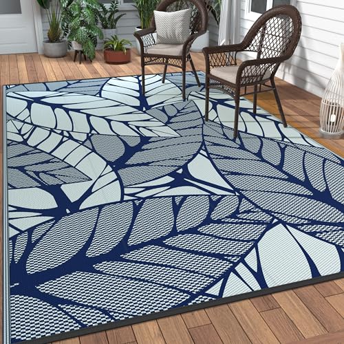 Image of GENIMO Outdoor Rug, Waterproof Plastic Rugs for Patio, 6'x9' Azure White | Outside Larger Leaf Carpet Mat for Porch Decor, Deck, Balcony, Camping, RV, Backyard, Picnic, Beach, Reversible, Foldable