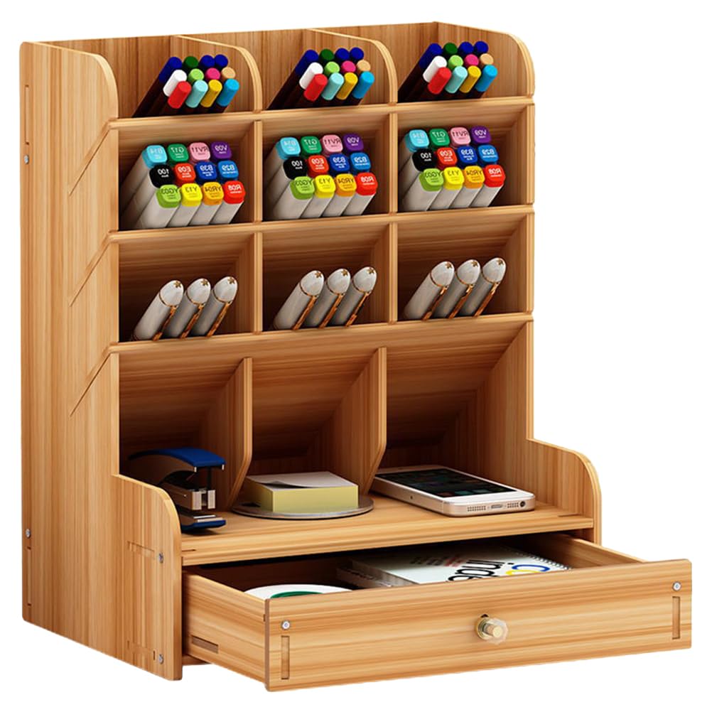 Operitacx Holz Stiftehalter Aufbewahrungsbox Groß Mit Mehrfach Geteilter Fächer Und Schublade Büro Desktop Organizer Für Stifte Und Büromaterial