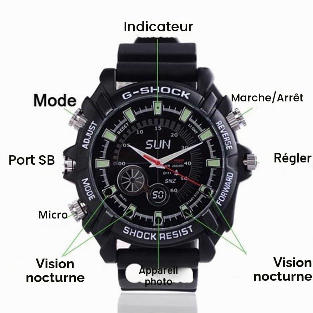 Montre Mini DV avec caméra espion étanche Full HD 1080P - Enregistreur vidéo caché avec vision nocturne infrarouge, enregistrement audio/vidéo numérique DVR, 32 Go de mémoire