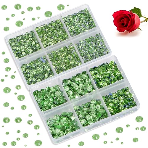 Image of Bymitel Hotfix Crystal Rhinestones Round Gems for Crafts,Mixed 6 Sizes with Wax Pencil Kit, Peridot 1.6-6.3mm SS4-SS30 /8000pcs