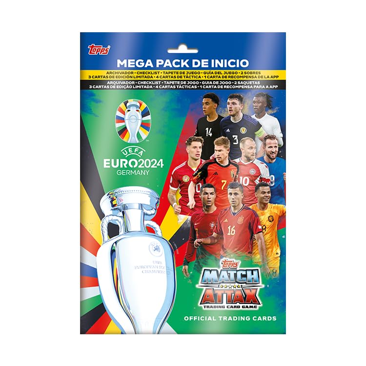 Topps Euro 2024 Match Attax Oficial - Mega Starter Pack - Contiene 16 Cartas Match Attax, 4 Cartas Tácticas más Las Cartas exclusivas de Cristiano Ronaldo, Jude Bellingham y una Carta Power LE.