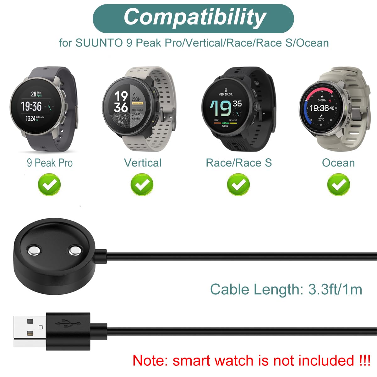 Kissmart Cargador para SUUNTO 9 Peak Pro/Vertical/Race/Race S/Ocean, estación de carga de reloj deportivo GPS con cable USB de 3.3 pies