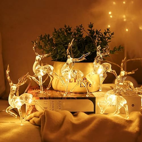 Miniatura 2 de Tira de luces de Navidad con diseño de reno, 10 luces LED de color blanco cálido, funciona con USB, decoraciones de Navidad para regalos de Navidad,
