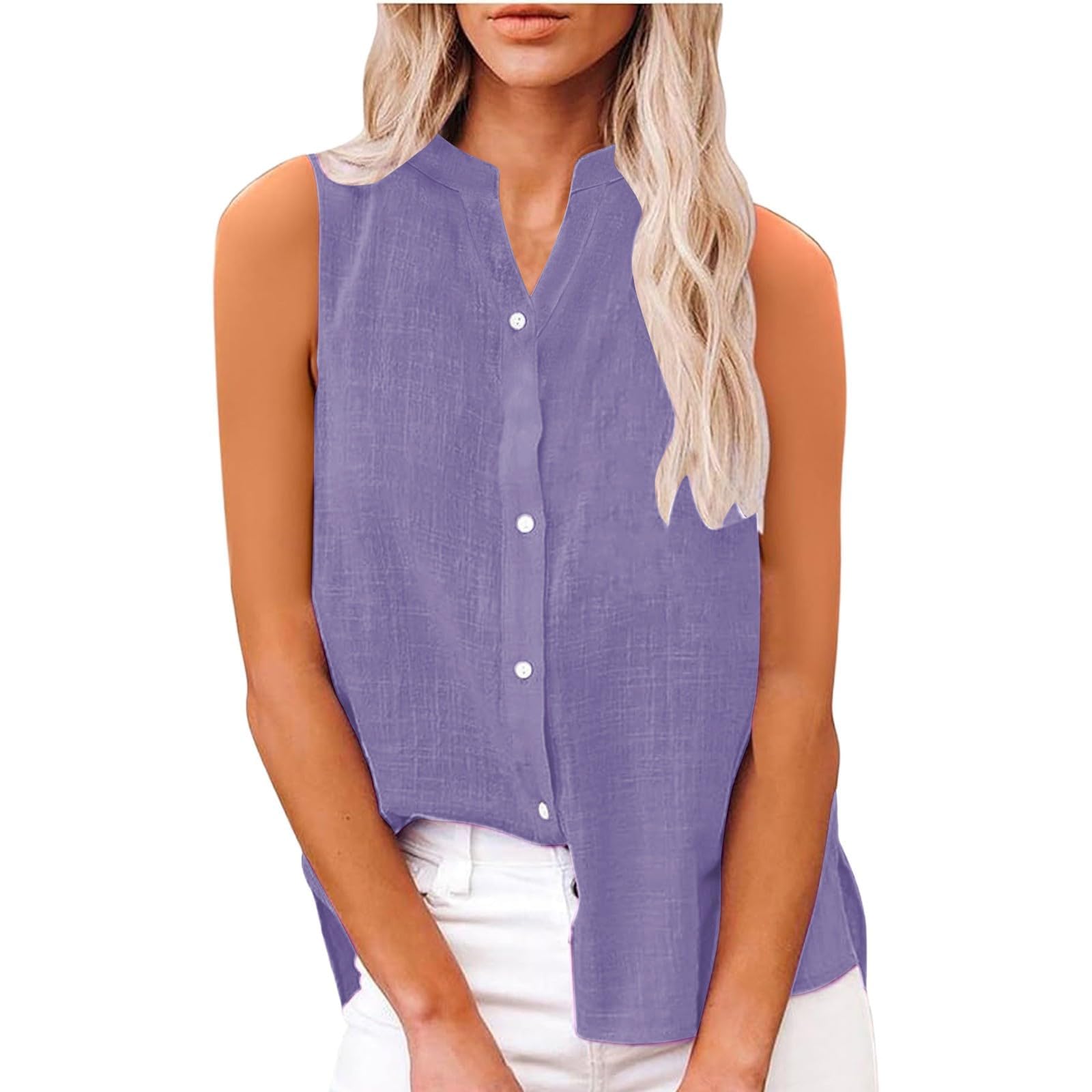 Camisa sin Manga Mujer Algodón Lino Verano Camisetas de Tirantes Blusa Moda Color sólido Casual Chaleco Ligero Transpirable Tank Tops Cuello en V Botones Fiesta Playa Camisa Suelto tee 2025