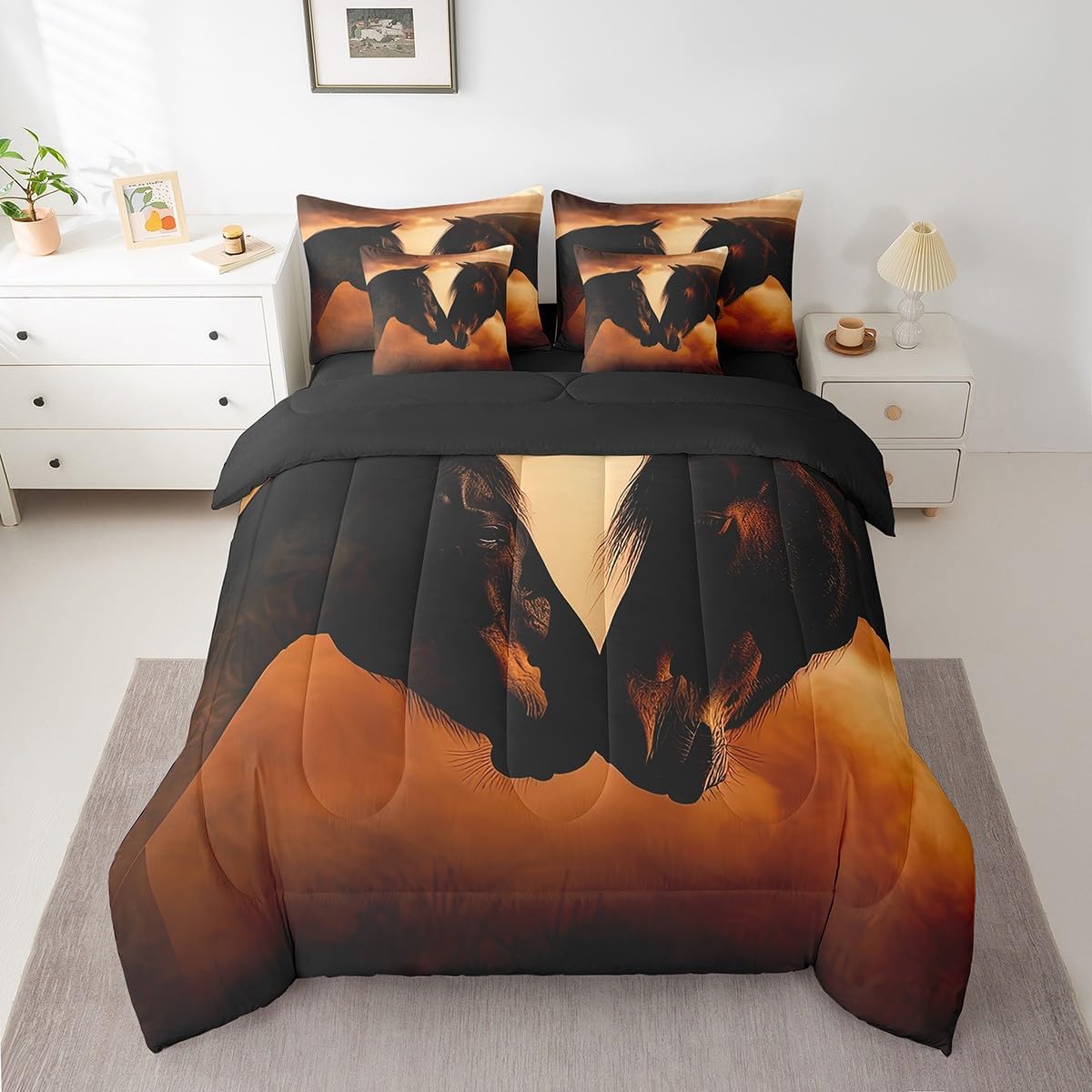 3D Horse Bed in a Bag 7 Pieces for Men Women Couple Horse Bedding Set, Wild Animal Full Size Comforter Set Romantic Theme Bedding Comforter Sets, Sunset Rainbow Clouds Bed Set (Black Brown)
