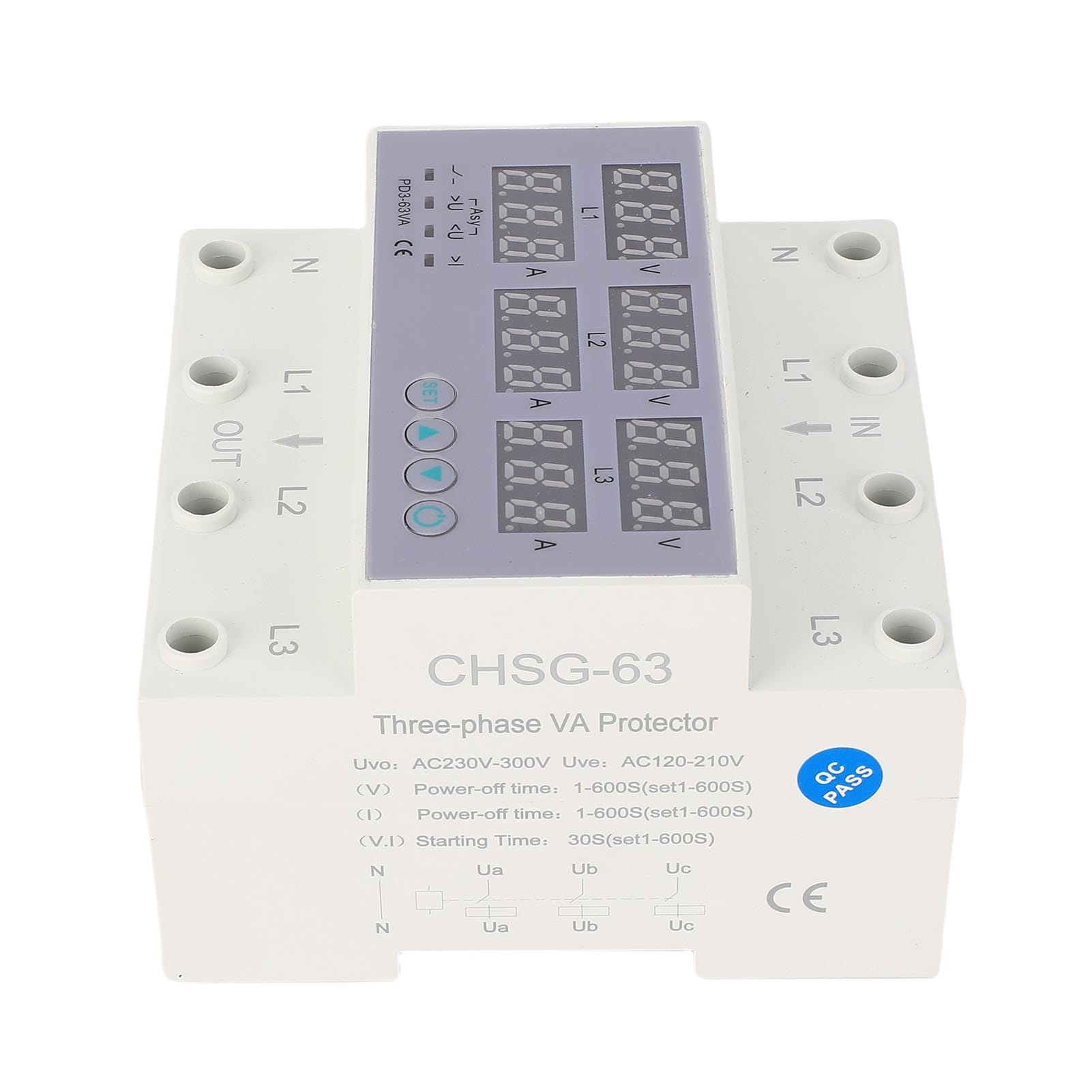 SEAFRONT Voltmetre Rail DIN AC 230‑300V Voltmeter, Amperometro Trifase, Protezione Sovracorrente Sovratensione Automatica Contatore di Energia Misuratore Consumo Elettrico Trifase (63A)