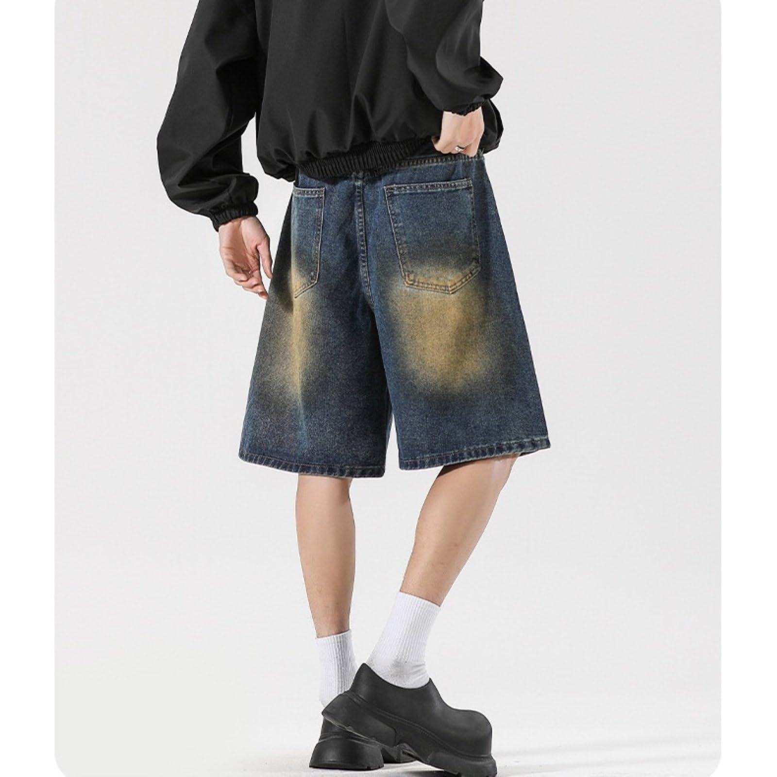 Męskie Y2k vintage podarte szorty dresowe bojówki z elastycznym pasem i sznurkiem, dżinsowe streetwear
