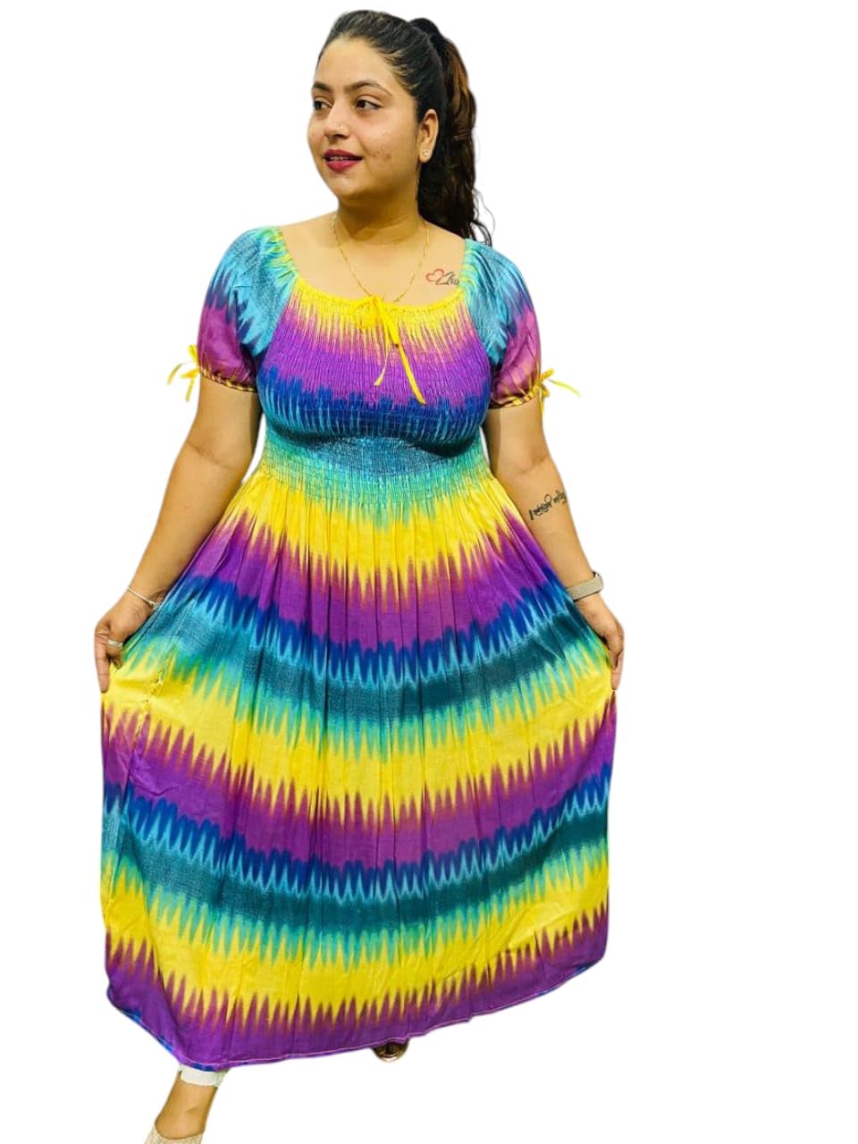 cigain Women's and Girl's Tie-Dye Maxi Dress, Rainbow Striped Pattern, Short Puff Sleeves, Plus Size-picture-17