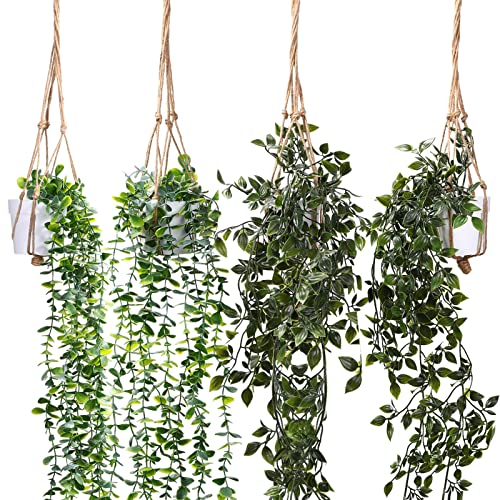 Irenare 4 Pcs Fake Hanging Plants Artificial Indoor Decoration Artificial Hanging Eucalyptus Vines Potted for Home Mandala Greenery for Living Room Office Bedroom Garden Indoor Outdoor (Green)