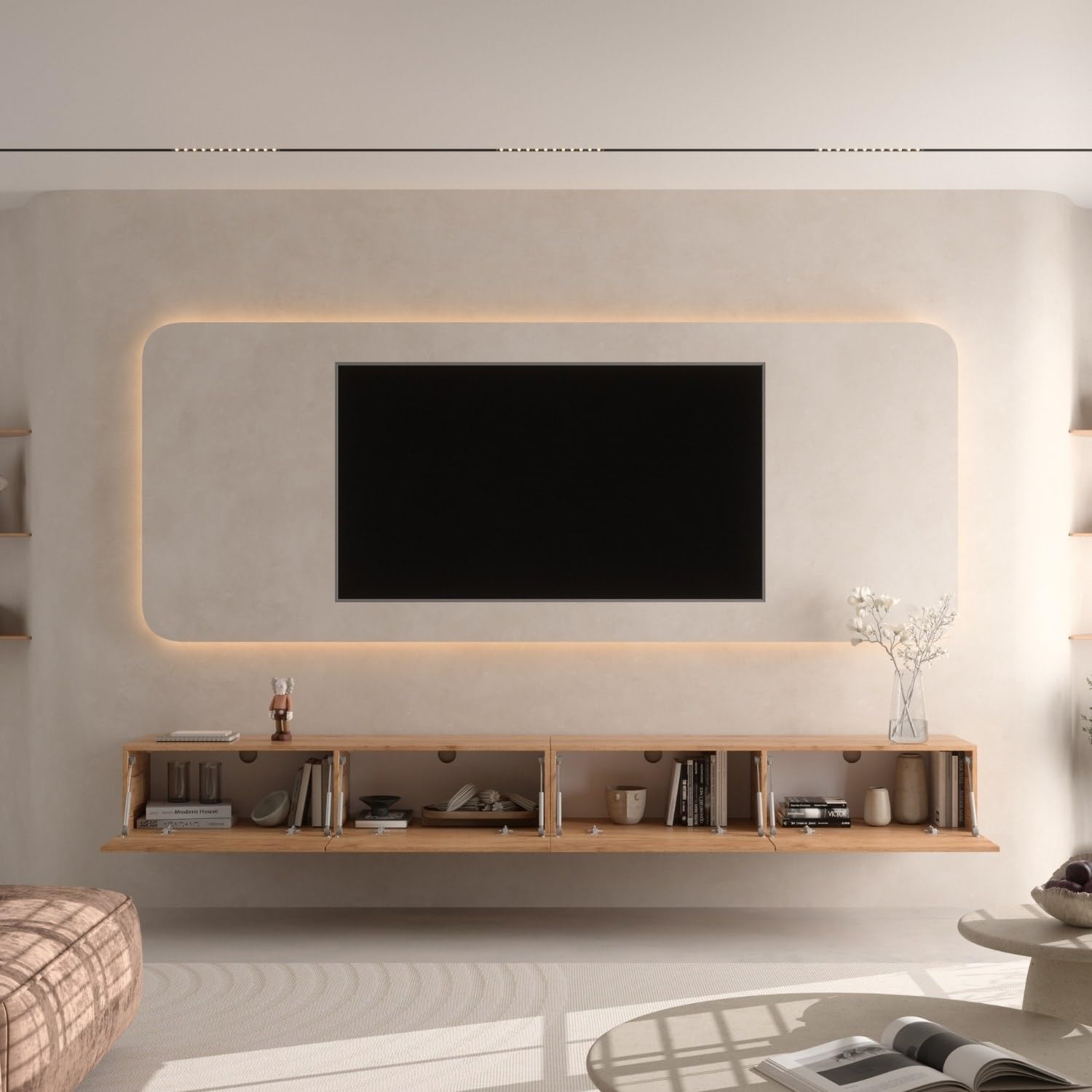 Planetmöbel West TV-Schrank, Fernsehtisch 280 cm lang, TV-Board | für Fernseher bis 65 Zoll, TV Board viel Stauraum, lowboard hängend, 2x Fernsehschrank 140 x 30 x 37,5 cm, gold eiche