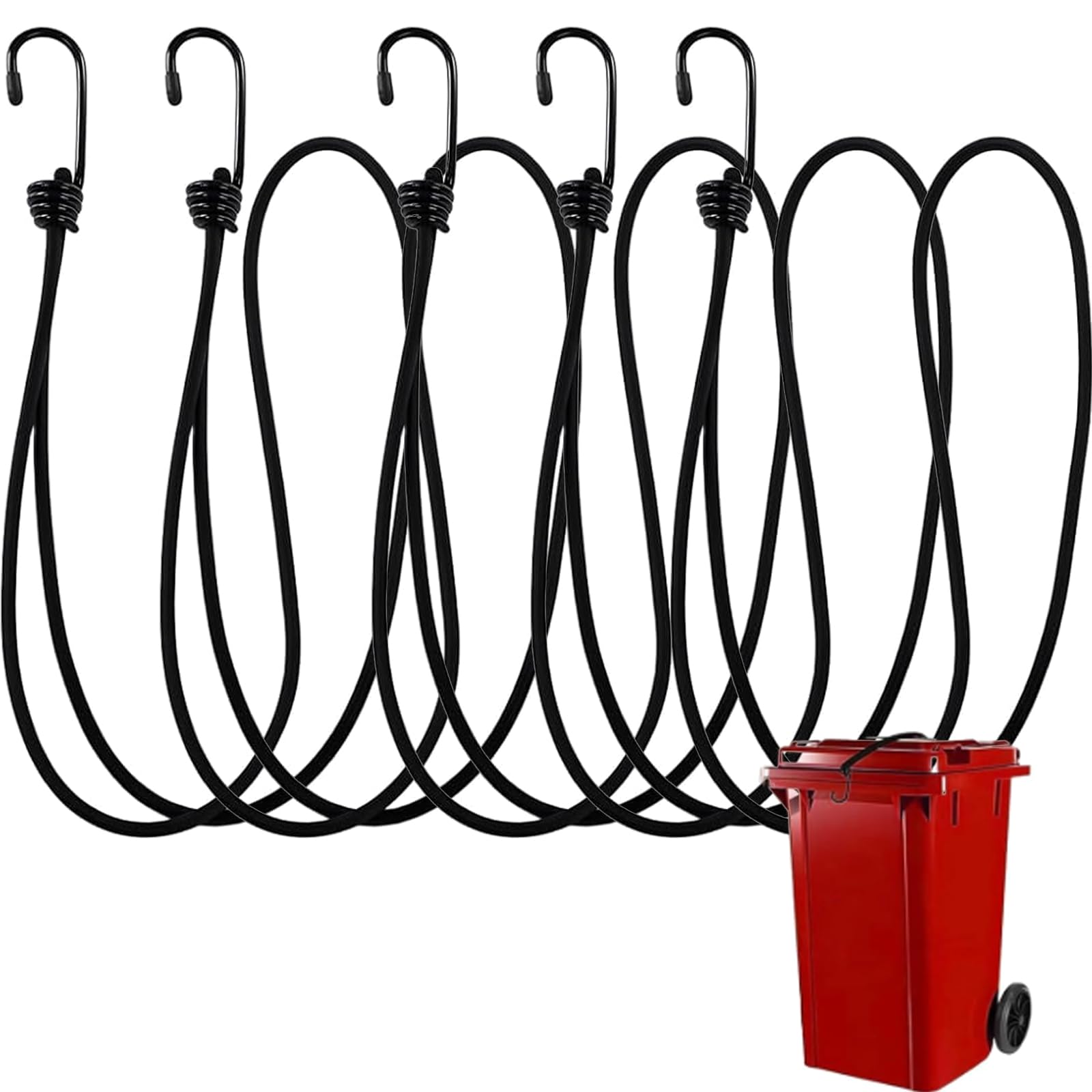 5 Pcs Wheelie Bin Lock, Tough Bin Locks Wheelie, No Drilling Wheelie Bin Clips Secure Contents From Spilling Stop Wind or Vandals Tipping Easy Fitting, Heavy Duty Bungee Cords with Hooks, 55cm Length