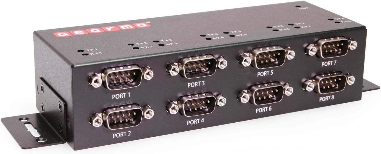 Gearmo Industrial 8 Port USB to Serial Adapter with FTDI Chipset, RX/TX LED Indicators, DIN Rail & Surface Mounting Brackets, Windows 11, 10, 8, 7 Support, Includes USB-A Cable