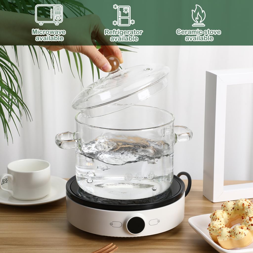 Vaguelly Pentola in Borosilicato 1900ml Pentola Trasparente con Coperchio e Doppie Maniglie per Gas e Induzione per Zuppe Pasta e Ricette Salutari Adatta a Famiglie e Studenti per Inverno