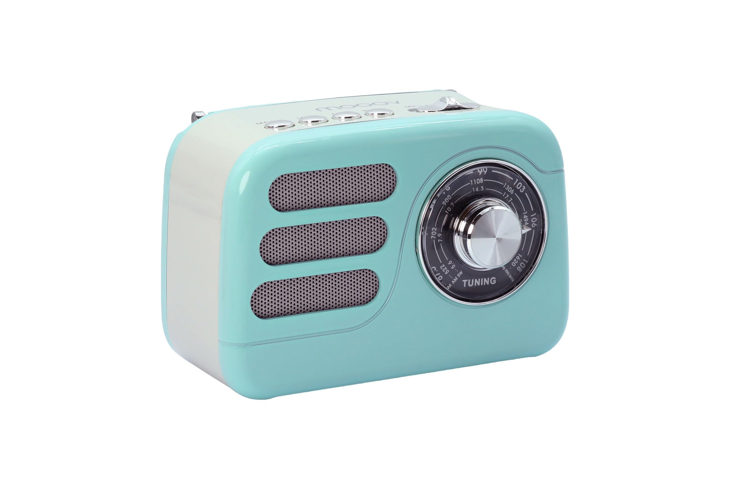 Mooov 477240 - Vintage-Radio mit Bluetooth 5.4 mit Akku, UKW/MW-Radio, tragbar, Retro, kompakter kabelloser Lautsprecher, USB und microSD, 6 Stunden Laufzeit - Türkis