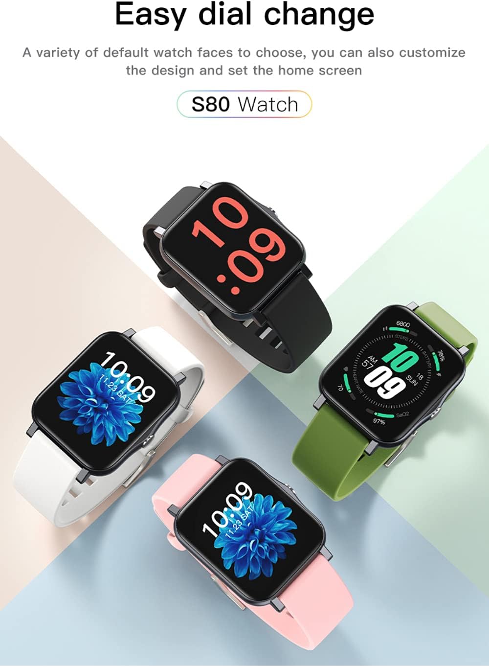 Four S80 Pro smartwatches with different watch faces and strap colors.