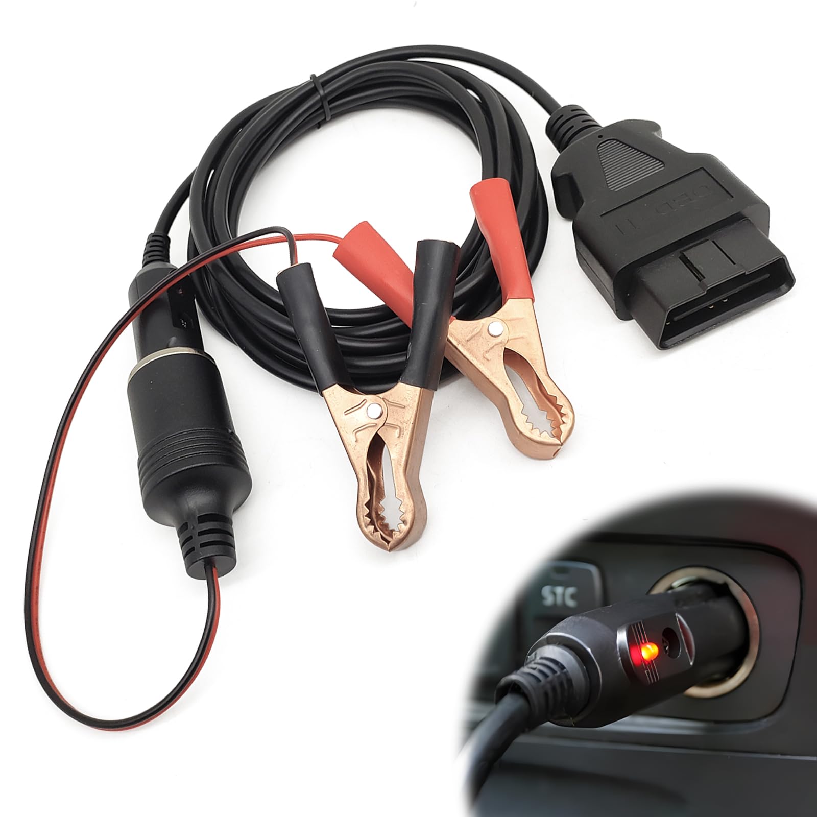 3M/10ft OBD II Vehicle ECU Emergency Power Supply Cable Memory Saver with Alligator Clip-On 12V Car Battery Cigarette Lighter Power Extension Socket
