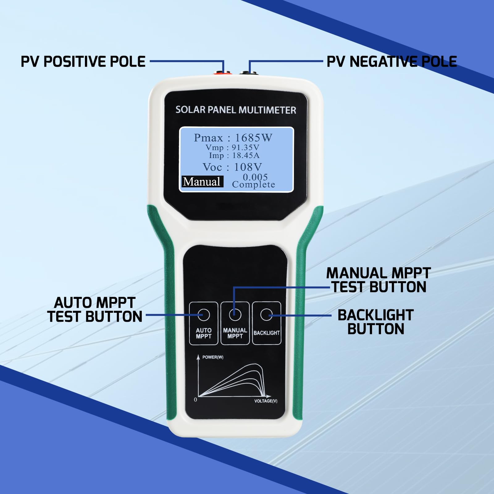 Probador de Paneles Solares de 1800W, Multímetro Fotovoltaico con Detección Inteligente MPPT para PV Paneles Datos y Medidas de Diagnóstico, Sistemas de 24V | 48V | 120V Protección Contra Sobrecargas