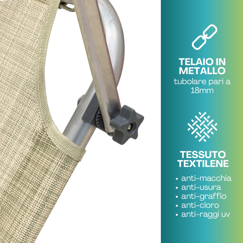 VIRSUS Lettino Prendisole Pieghevole 180x55x90 cm Textilene Metallo Tubolare 18mm Peso Max 120kg Beige