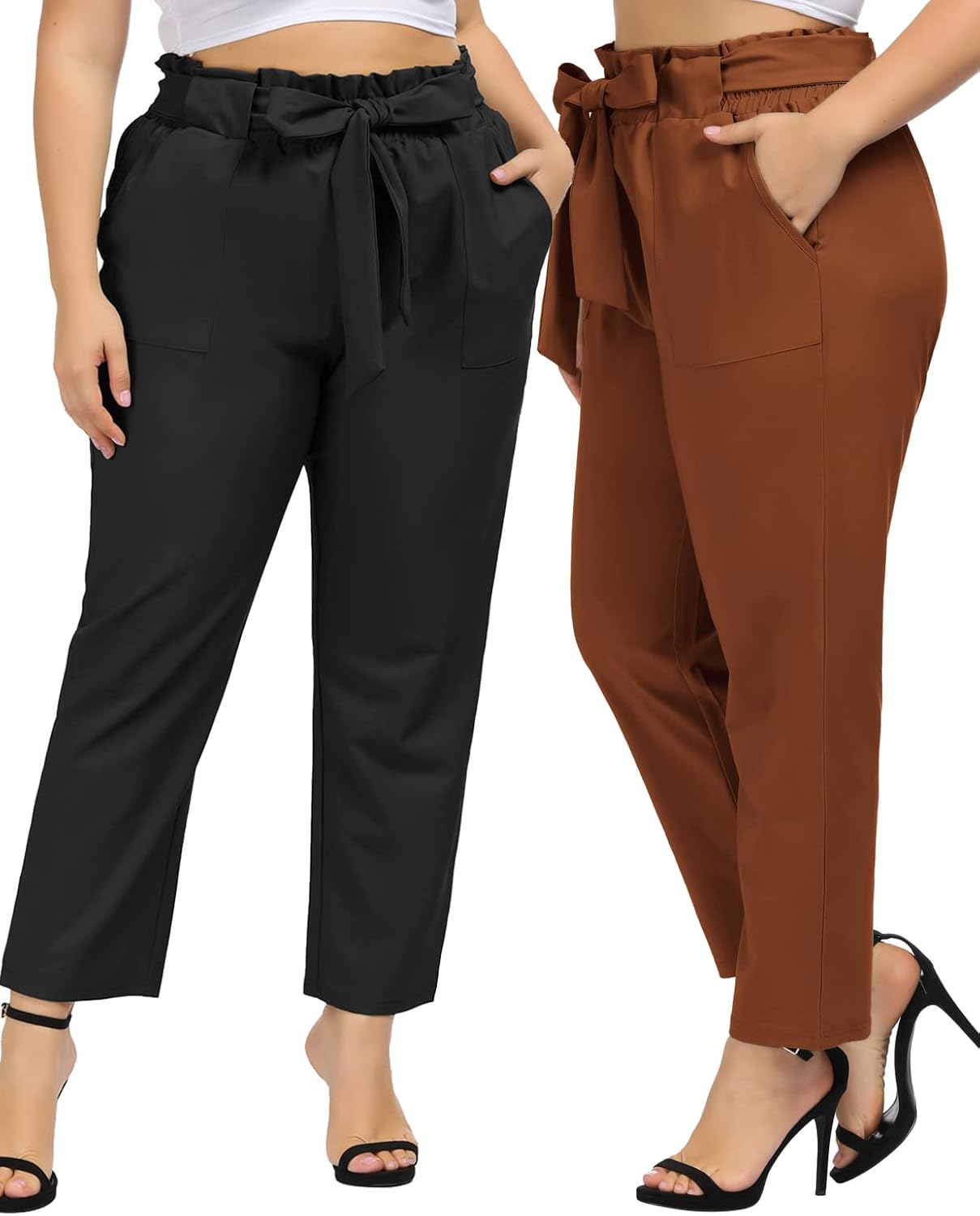 Hanna Nikole Women's Plus Size Elastic Waist Self-Tie Belted Pencil Pants Ankle Length Casual Pants with Pockets - Image 2