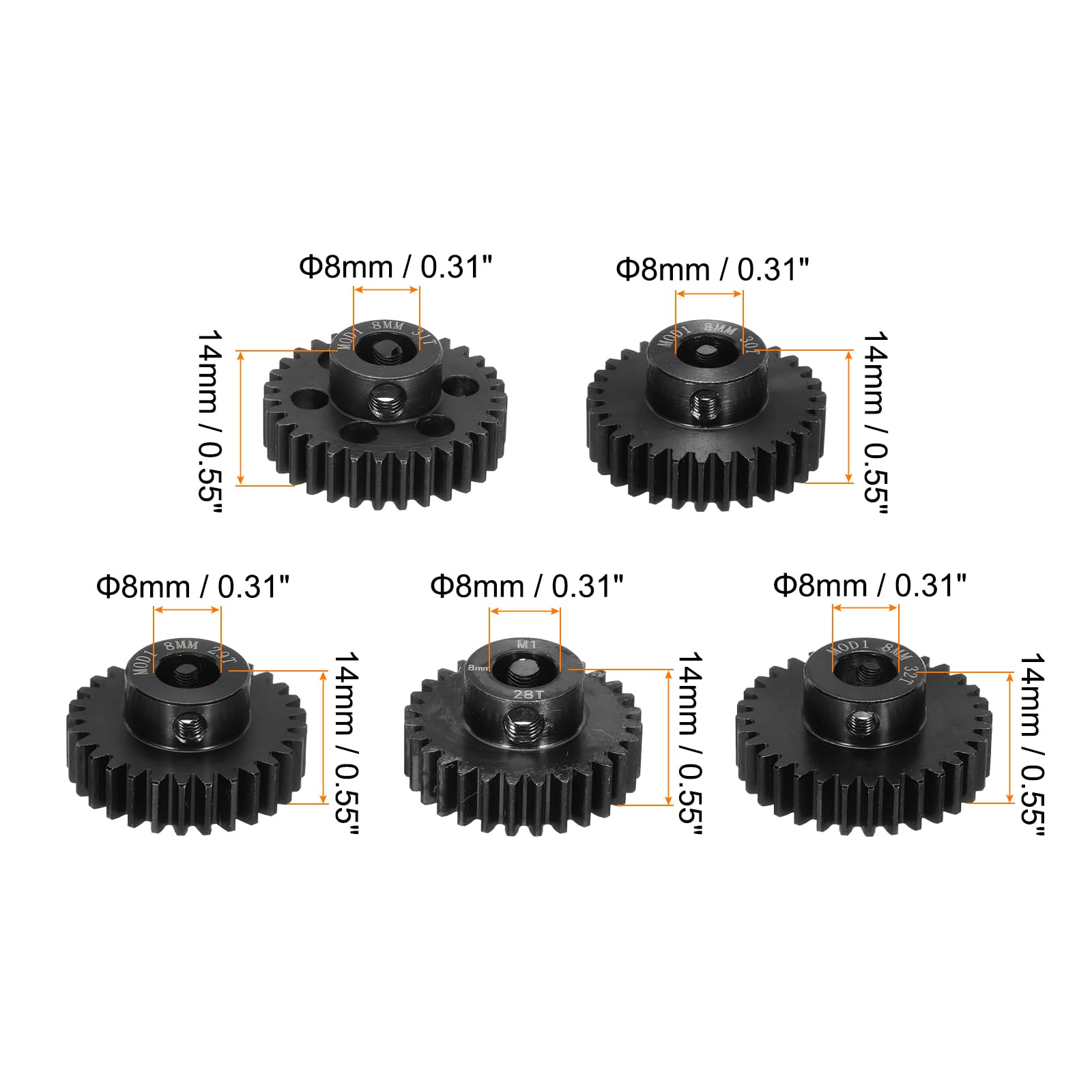 DMiotech M1 28T 29T 30T 31T 32T - Engranaje de motor de piñón endurecido de acero de 8 mm para motores sin escobillas de repuesto de coche RC, aplicaciones RC con 5 tornillos para bricolaje RC Boat