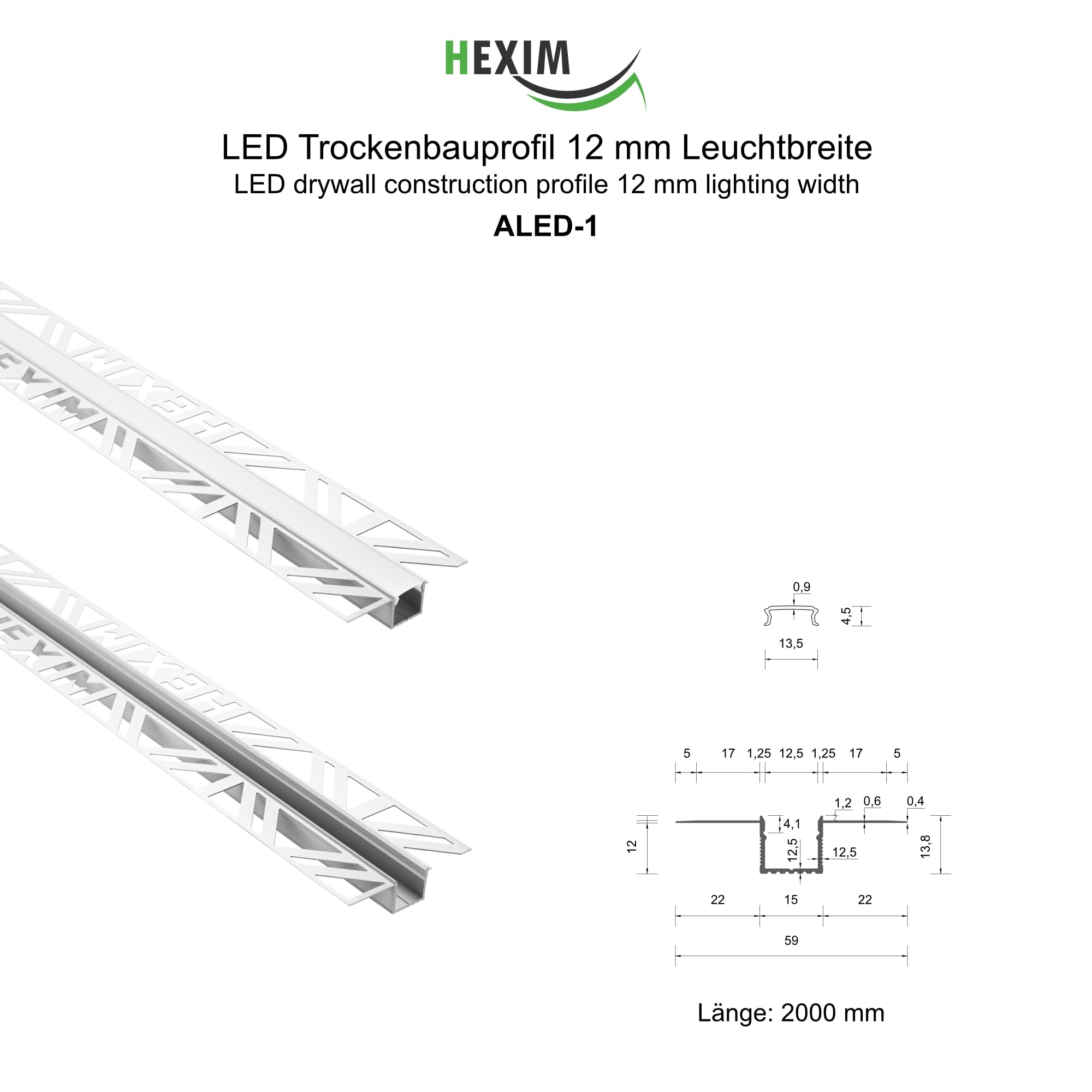 HEXIM Perfiles LED, Aluminio en Construcción en Seco, Cubierta Opaca, Varias Dimensiones - (10 Metros, 12mm Ancho Luminoso) Perfil Empotrado LED Rigips