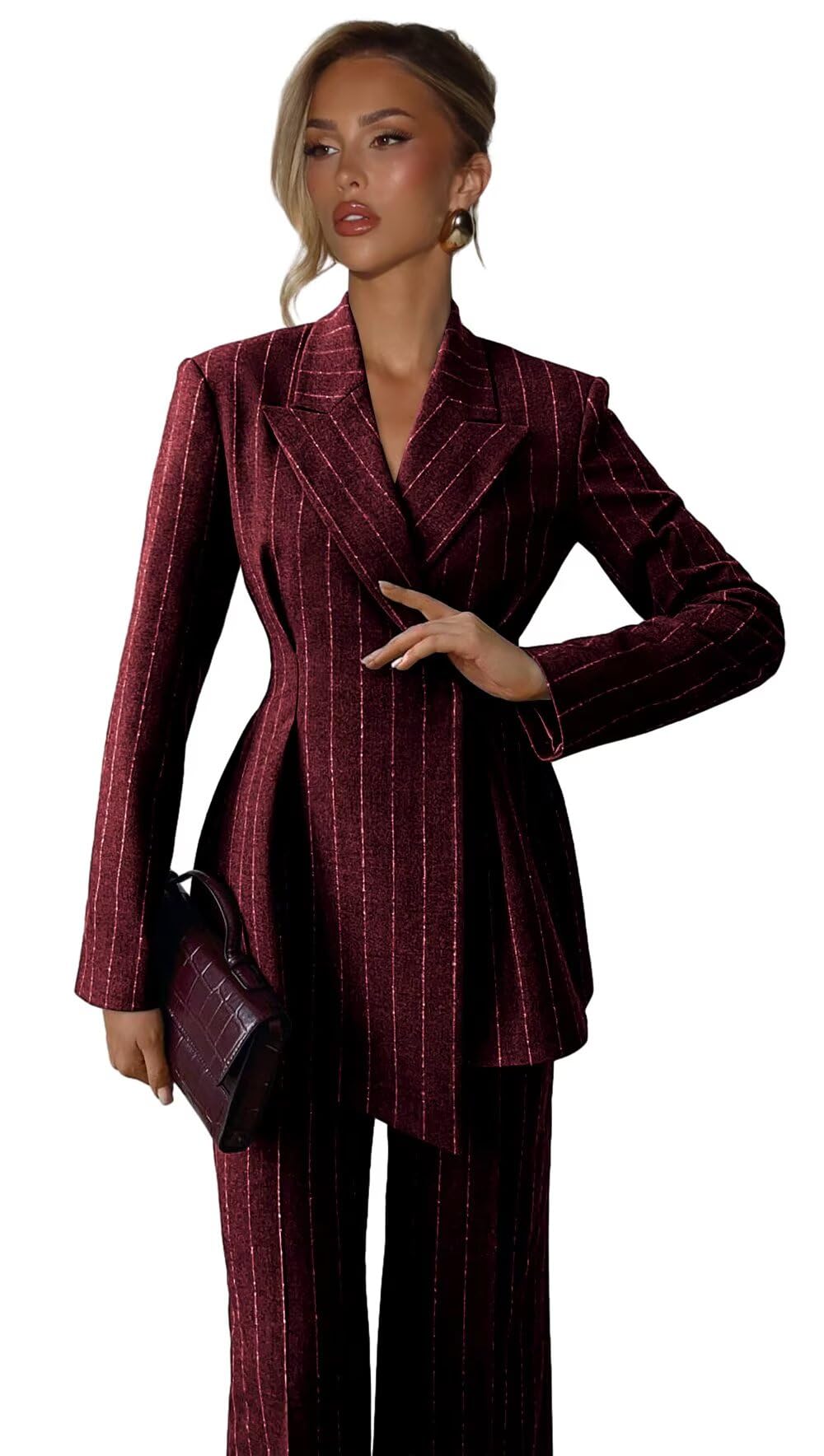 Pinstripe Suits for Women 2 Pieces Slim Fit Peak Lapel Tweed Womens Suit Business Casual Pant Suits for