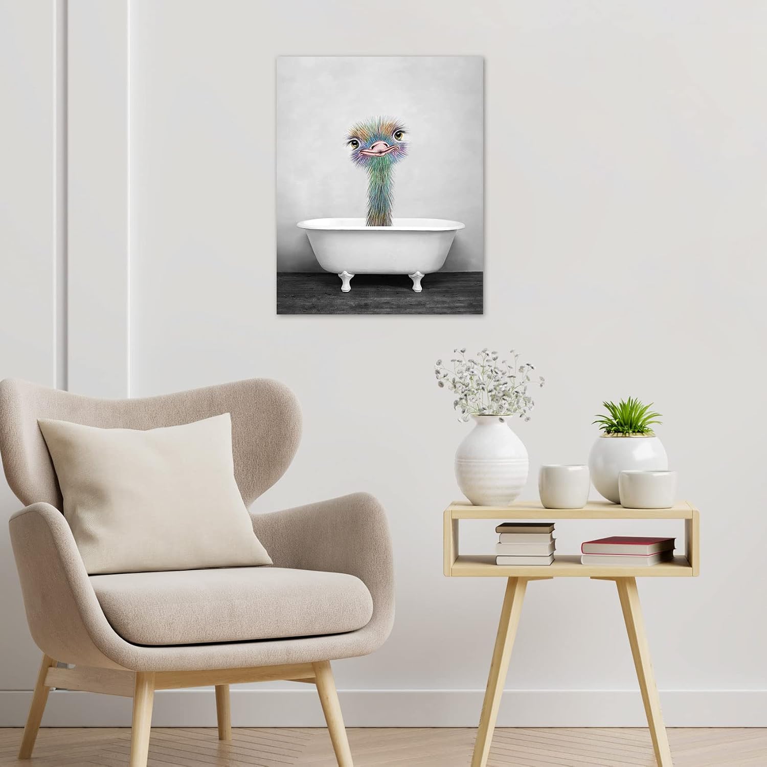 HVEST Ostrich Canvas Wall Art Cute Animal in Bathtub Wall Art, Framed Artwork Ready to Hang for Bathroom Bedroom Living Room Wall Decor, 12X16 Inches