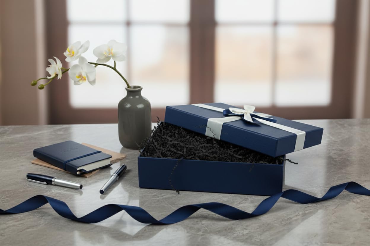Emartbuy Boîte cadeau rigide 38 x 27 x 10 cm - Boîte bleue avec couvercle, ruban satiné et papier déchiqueté 100 g - Noir