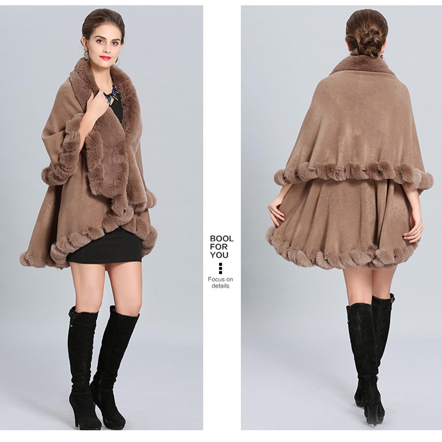 Invierno de Punto Chal Poncho de Piel Sintética con Cuello de Plátano Suelta Doble Estola Cálida Sobredimensionada Suéter de la Capa para Las Mujeres de la Señora Mamá