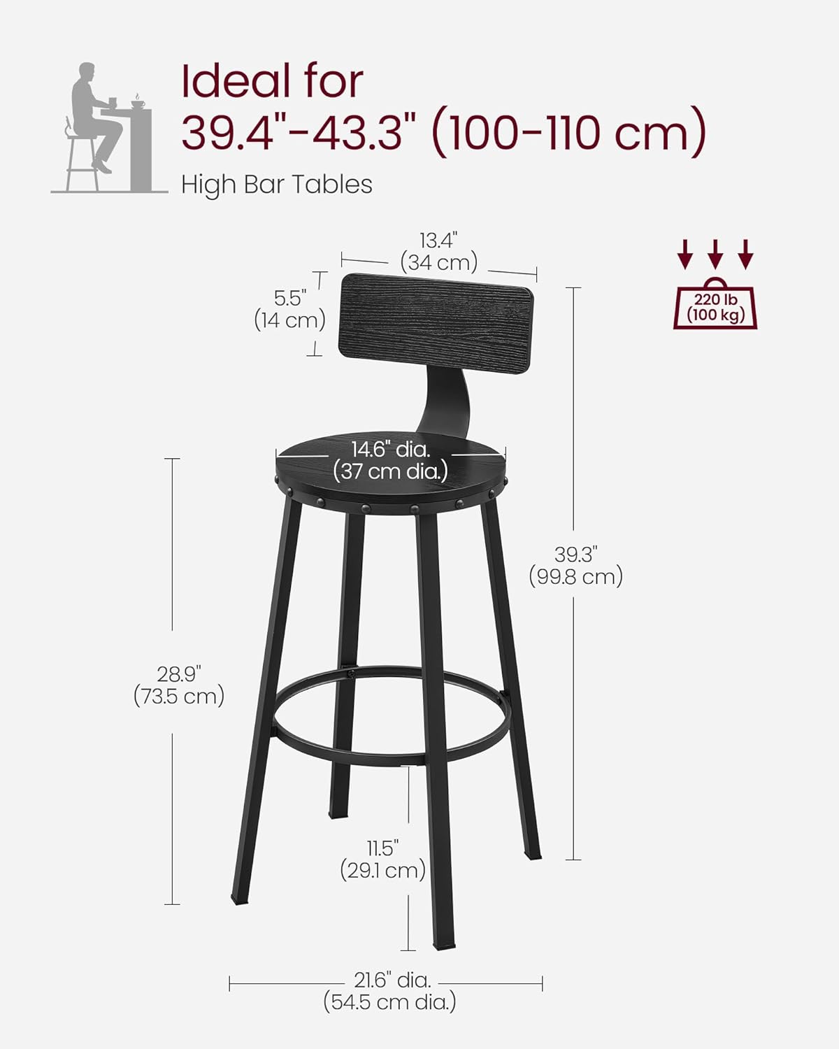 VASAGLE Bar Stools Set of 4, Bar Height Stools, 28.9 Inches Counter Barstools Chairs with Back for Dining Kitchen Island, Steel Frame, Industrial Style, Easy Assembly, Ebony Black