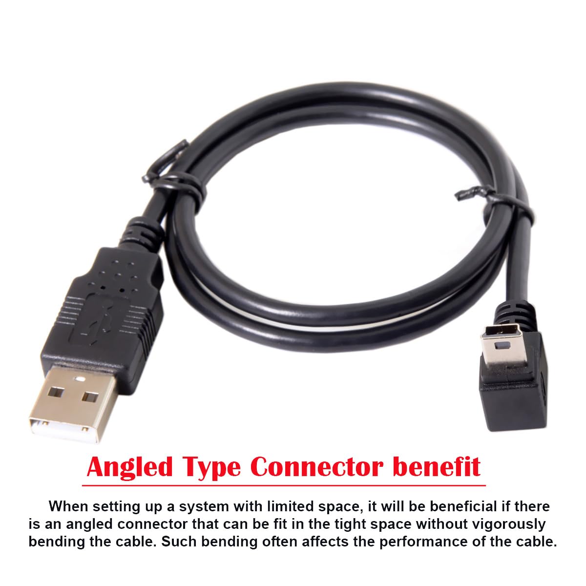 Cablecc Mini-USB-B Kabel 5m – 90° Abgewinkelt Links, Mit Ferritkern, Für Scanner & Externe Festplatten